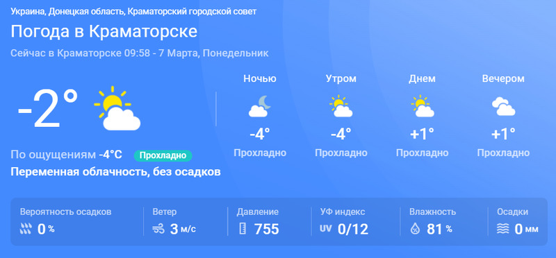 В понедельник, 7 марта 2022 в Краматорске характер погоды будет такой: - Общество